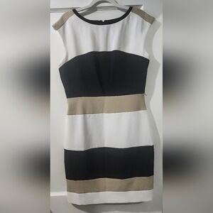 Studio One Strapless Dress with Black, White, and Tan Stripes